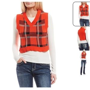 Say What Orange Plaid V Neck Crop Sweater Sleeveless Vest Size Xl NWT